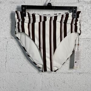 CALIA Women's High Rise Shirred V Front Swim Bottoms, stripped Medium